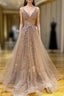 Princess V Neck Sweep Train Lace Tulle Yarn Prom Dresses With Glitter