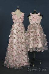 Printing Flower Long Unique Pink Prom Dress