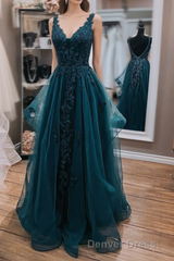 Teal Blue Tulle V-Neckline Long Party Dresses With Lace, Teal Blue Long Prom Dresses