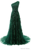 Forest Green Prom Dress, Lace Tulle Floor Length Prom Dresses Featuring One Shoulder Bodice With Bow Accent Belt