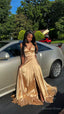A Line V Neck Gold Prom Dress, Sleeveless Satin Long Prom Dresses