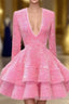 Pink Cocktail Dress A Line V Neck Long Sleeve Shiny Sequin Homecoming Dresses