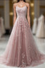 Pink Lace Applique A Line Elegant Spaghetti Straps Prom Dresses