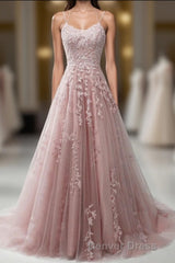 Pink Lace Applique A Line Elegant Spaghetti Straps Prom Dresses