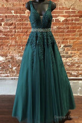 Deep Green Prom Dresses, Tulle Lace V Neck Long Prom Dress Formal Dress
