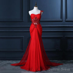One Shoulder Prom Dress With Beaded Flowers, Unique Red Prom Gowns, Mermaid Chiffon Prom Dress With Cut-out