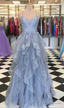 Blue Gray Tulle Ruffles Long Spaghetti Straps Prom Dress