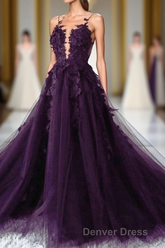 Dark Purple Tulle With Lace Applique Long Wedding Party Dresses, Purple Formal Dresses