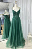 A Line Hunter Green Prom Dress, Applique Straps Tulle Long Prom Dresses
