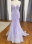 Straps Mermaid V Neck Tulle Appliques Lace Prom Dresses
