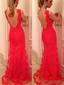 Custom Made V Neck Back Mermaid Backless Red Lace Prom Dress, Red Lace Prom Dresses