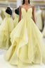 Light Yellow Tulle Straps Long Prom Gowns, Lace Up Tulle Prom Dresses