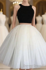 Two Piece Halter Knee Length Short Sleeveless Black Ivory Tulle Homecoming Dresses