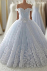 Light Blue Lace Sweetheart A Line Long Princess Prom Dresses