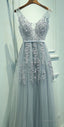 A Line V Neck Tulle Sleeveless Prom Dress, Gray Prom Dress With Lace V Neck Homecoming Dress, Prom Dress