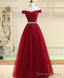 Burgundy Tulle Off Shoulder Long A Line Prom Dresses