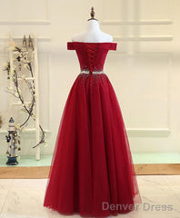 Burgundy Tulle Off Shoulder Long A Line Prom Dresses