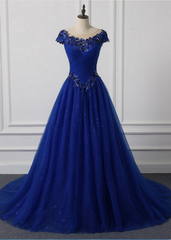 Long Neck Appliqued Wedding Dress Royal Blue Wedding Party Dresses