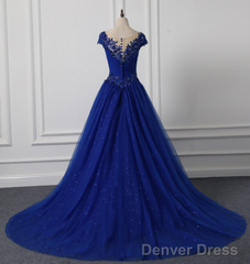 Long Neck Appliqued Wedding Dress Royal Blue Wedding Party Dresses