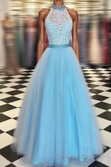 Prety Halter Long Lace Tulle Beding Light Blue For Teens Elegant Prom Dresses