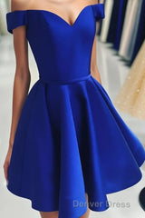 A Line Off The Shoulder V Neck Cheap Royal Blue Short Knee Length Taffeta Dc07 Prom Dresses