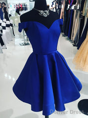 A Line Off The Shoulder V Neck Royal Blue Short Knee Length Taffeta Dc07 Prom Dresses