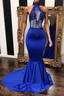 High neck halter beaded royal blue satin . Sleeveless. Illusion beading bodice. Mermaid long with sweep train Prom Dresses