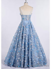 Princess Spaghetti Strap 3D Flower Applique Sky Blue Prom Dresses