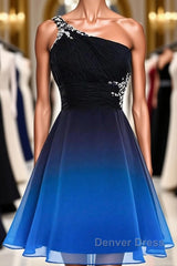 A Line Ombre Blue And Black One Shoulder Short Dc289 Prom Dresses