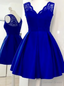 Royal Blue Satin Short with Lace V Neck Homecoming Dresses