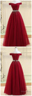 A Line Burgundy Off The Shoulder Lace Up Tulle Sweetheart Long Prom Dresses
