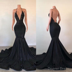 Black Lace Mermaid Prom Dresses, Sequins Evening Dresses