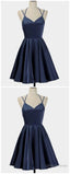 Spark Queen Simple Short Blue Sleeveless V Neck Mini Prom Dress, Women Dress, Satin Ruffles Spaghetti Straps Homecoming Dresses