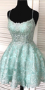 Auby Outfit Spaghetti Straps Mint Green Short Lace Backless Homecoming Dresses
