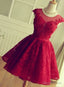 A Line Crew Cap Sleeves Red Lace Homecoming Dresses With Appliques