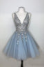 Sparkly A Line Deep V Neck Light Blue Short Homecoming Dresses