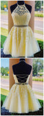 Charming A Line Halter Cross Back Yellow Tulle Short with Appliques Homecoming Dresses