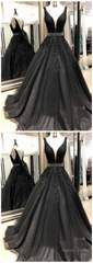 Black Appliques Prom Dress With Beaded Waist A Line Tulle Long Graduation Dresses
