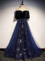Blue Tulle With Velvet Long Prom Dress, A Line Off Shoulder Prom Dress