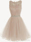 Charming Light Champagne Short Lace Beaded Prom Dress, Tulle Homecoming Dress, Prom Dresses