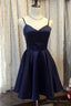 Simple Navy Blue Satin A Line V Neck Short Prom Dress, Homecoming Dresses