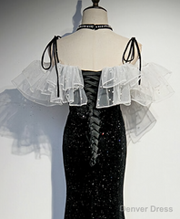 Black Mermaid Sequins Spaghetti Straps Pearls Prom Dresses