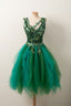 Unique V Neck Green Tulle Lace Short Prom Dress, Green Homecoming Dresses