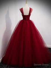 Burgundy Sweetheart Tulle Long Prom Dress, Burgundy Evening Dress