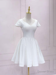 White V Neck Satin Lace Short Prom Dress, White Homecoming Dress