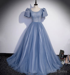 Blue Tulle Long Prom Dress, A Line Evening Gown