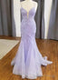 Straps Trumpet mermaid V Neck Tulle Appliques Lace Prom Dresses
