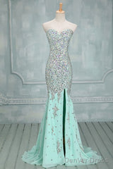High Quality Mermaid Rhinestones Long Sexy Sweetheart Front Split Mint Chiffon Trumpet 2025 Prom Dresses