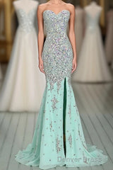 High Quality Mermaid Rhinestones Long Sexy Sweetheart Front Split Mint Chiffon Trumpet 2024 Prom Dresses
