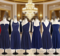 Short Navy Blue Chiffon Mismatch Maid Of Honor Girls Group In Knee Length Simple Cheap Prom Dresses